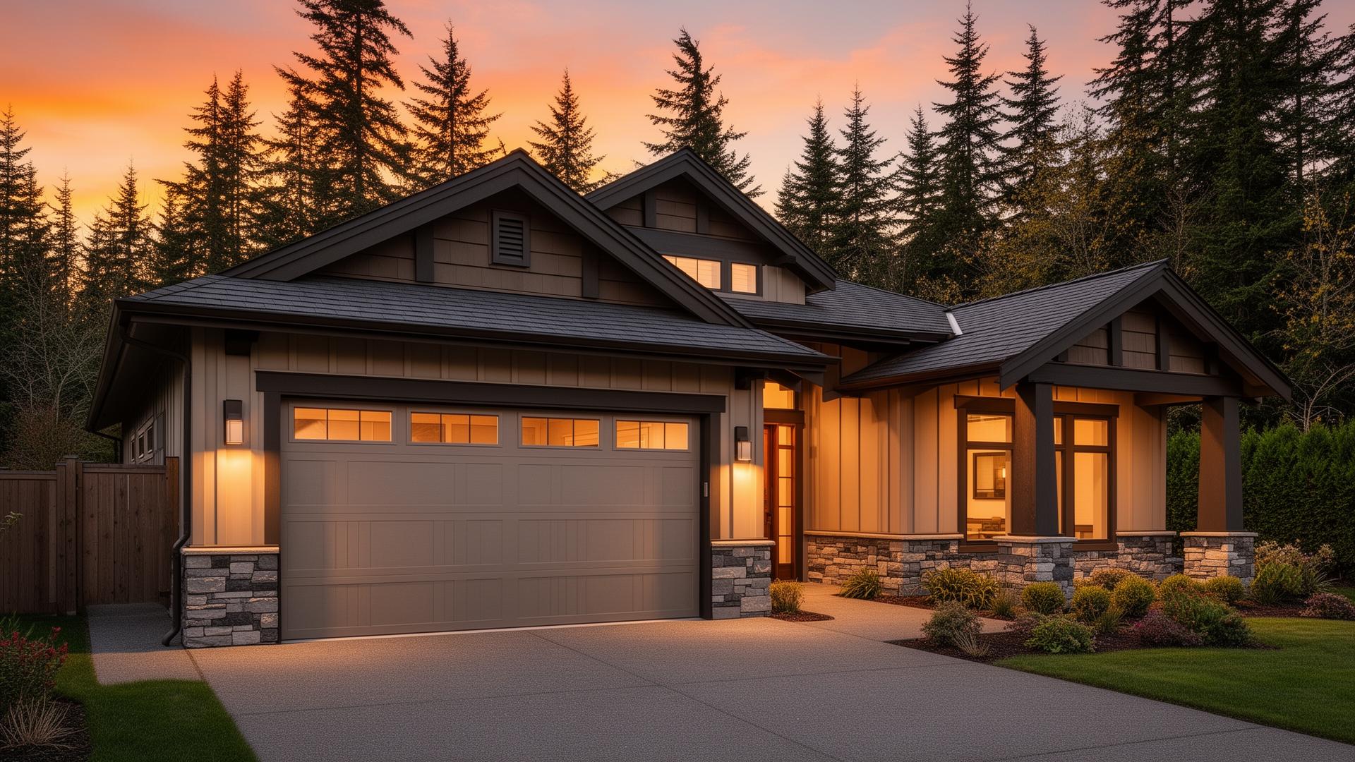 Modern garage door installed on craftsman-style home in Bainbridge Island
